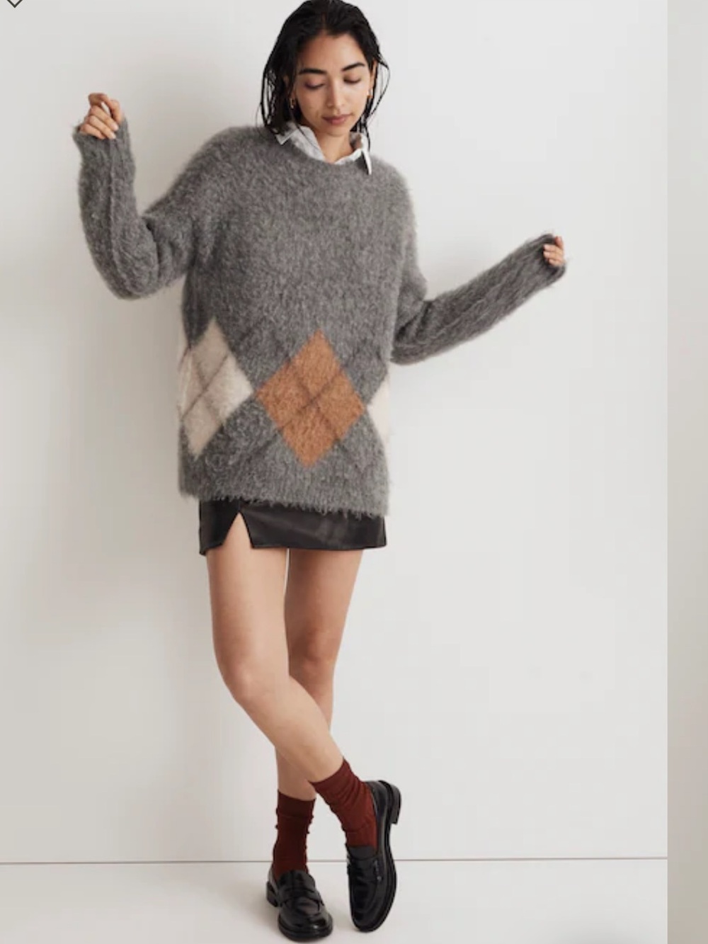 Madewell Marilyn Oversized Argyle Gray Long Sleeve Crewneck Sweater